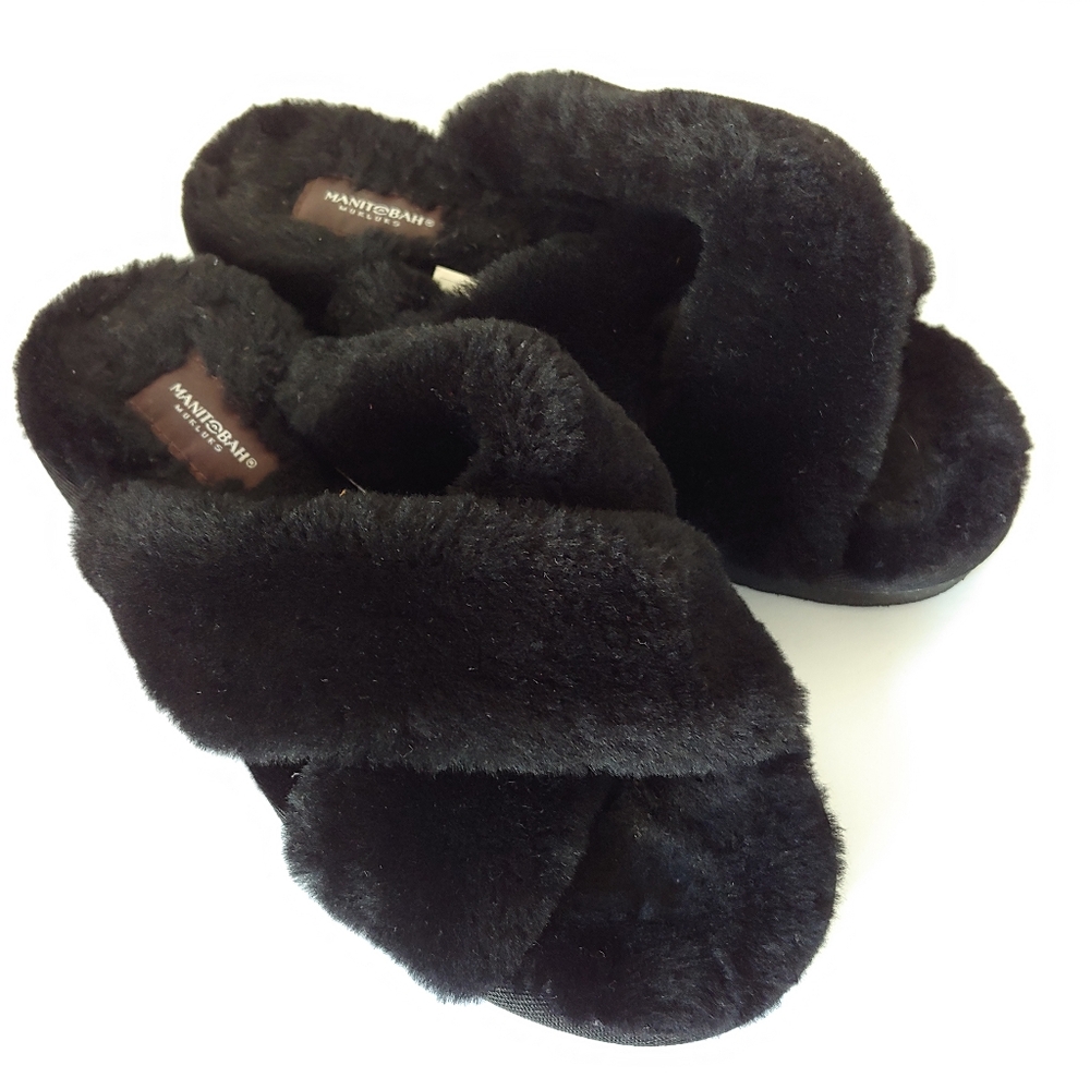 Manitobah Mukluks Sunrise Cross Sandal Shearling Slippers Black Size 6
